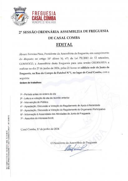 Edital 2&ordf; Sess&atilde;o Ordin&aacute;ria de 27 de junho de 2024