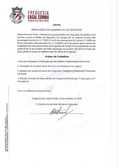 Edital - Instala&ccedil;&atilde;o da Assembleia de Freguesia